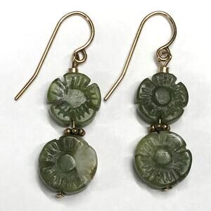 Vintage Leach and Garner 1/20th 14k Yellow Gold Jade Flower Drop Dangle Earrings